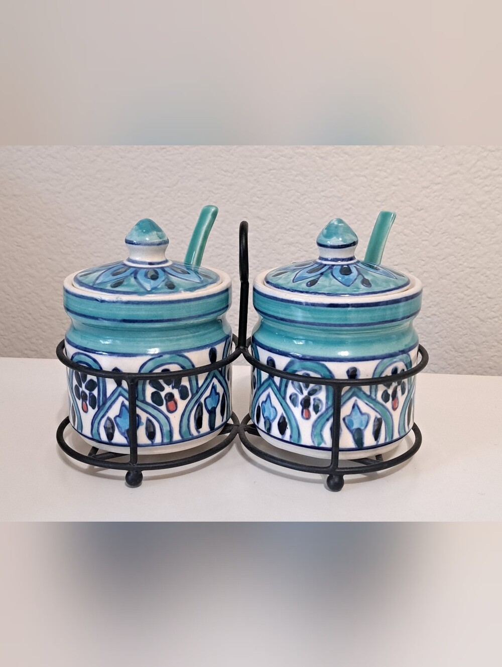 Handcrafted Indian Ceramic Spice Jars w/Iron Stand + Spoons